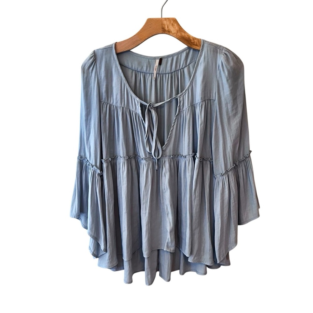 Free People Light Blue Bell Sleeve Flowy Peasant Boho Blouse Size XS